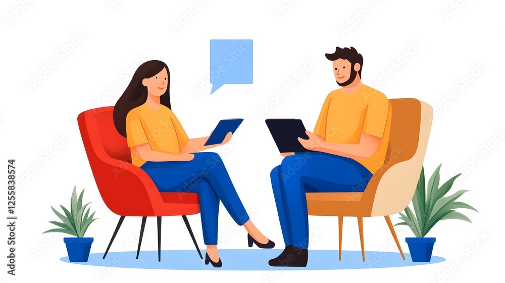 Marketing Professional Conducting Product Feedback Interview with Customer in Relaxed Workspace Marketing Professional Conducting Product Feedback Interview with Customer in Relaxed Workspace