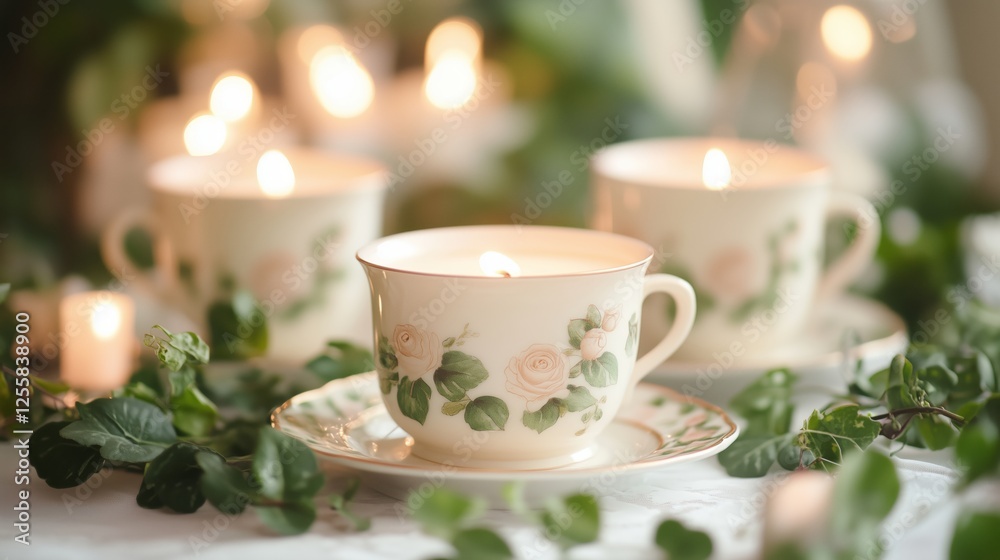The warm moments of tea cups and candles The warm moments of tea cups and candles