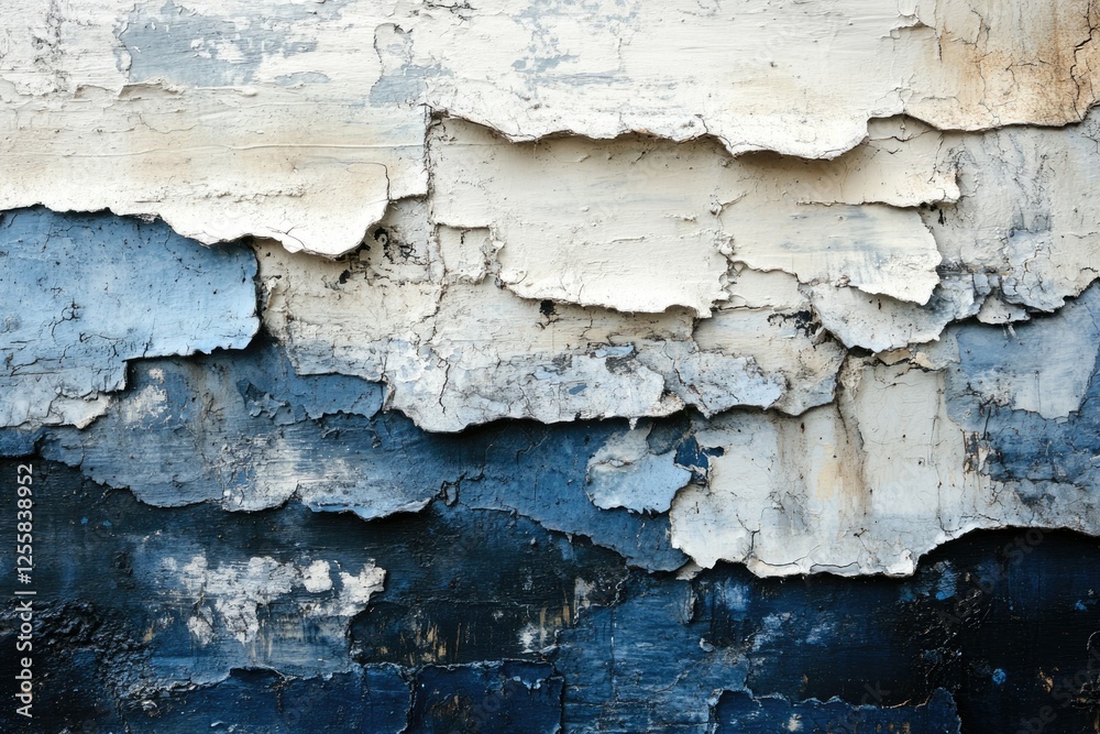 Obraz premium Layered peeling paint reveals textured blues and whites, showcasing age and decay.