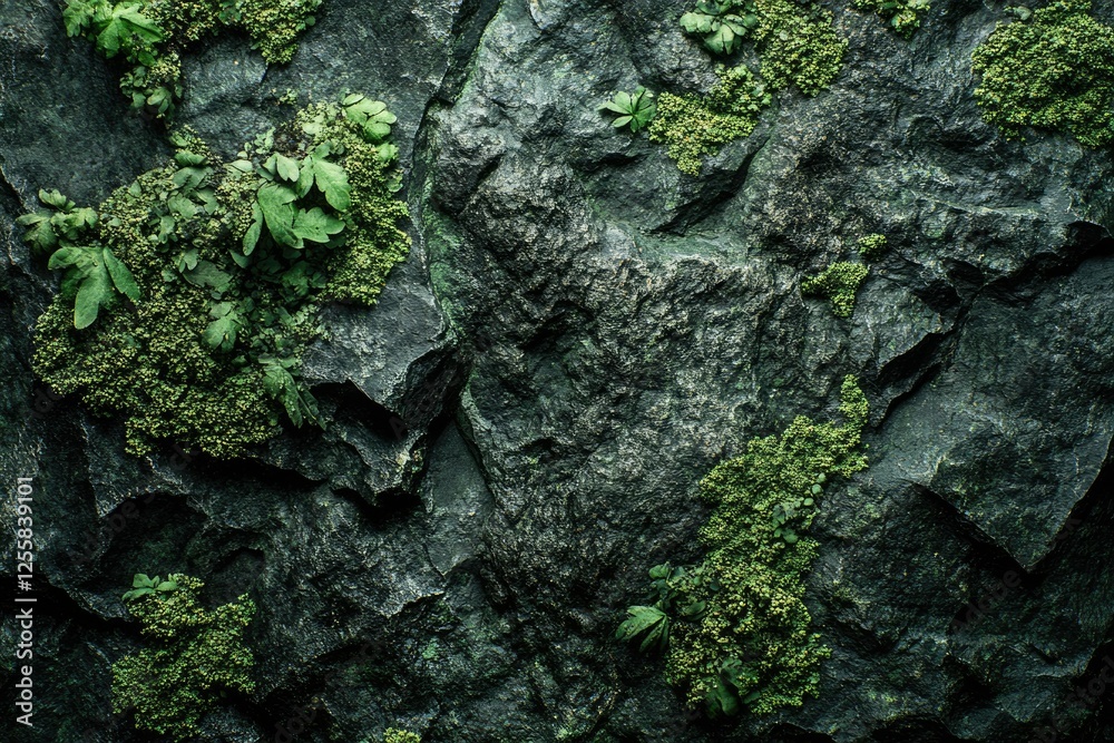 Dark, textured stone surface with vibrant green moss and lichen growth. Dark, textured stone surface with vibrant green moss and lichen growth.