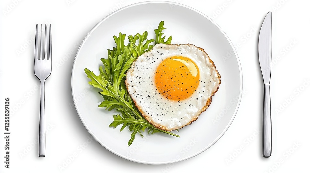 Fried Egg on Arugula Greens Served on White Plate with Fork and Knife Beside It Fried Egg on Arugula Greens Served on White Plate with Fork and Knife Beside It