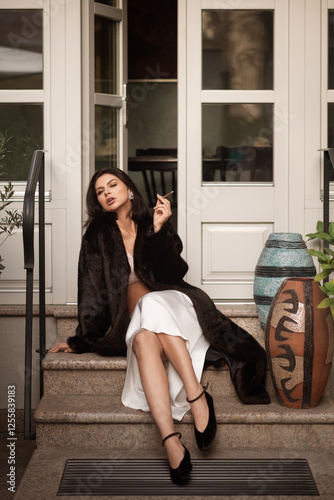 Beautiful young caucasian woman sitting on stairs at the city street on a sunny day and smoking a cigarette. Young woman portrait. 