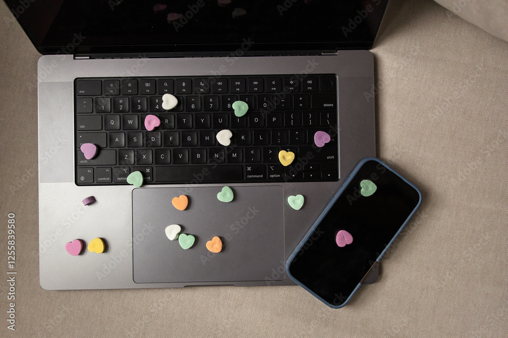 Obraz premium pastel candy hearts scattered on a silver laptop keyboard and a phone in a blue case 