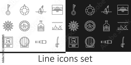 Set line Pirate sword, Sunken ship, Bottle with message in water, coin, Ship steering wheel, key, Alcohol drink Rum bottle and Lifebuoy icon. Vector
