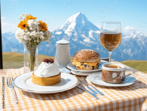 Swiss Cuisine with Mountain View, Dessert and Drink on a Table with Flowers, Scenic Outdoor Dining Experience photo