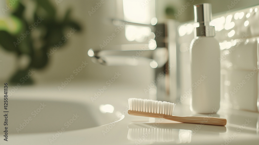 Toothbrush and Toothpaste on Bathroom Sink Surface Toothbrush and Toothpaste on Bathroom Sink Surface