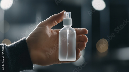 Hand Holding Antibacterial Spray Bottle Close Up photo