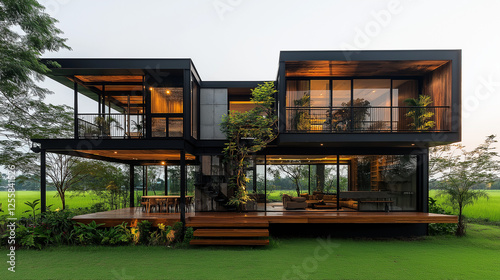 Modern Architectural Design: A stunning contemporary home design, featuring sleek black metal framing, expansive glass windows, and a spacious wooden deck overlooking a lush green lawn and rice paddy.
