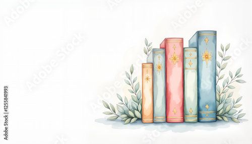 Stack of colorful prayer books with olive branch with copy space, peaceful reflection
