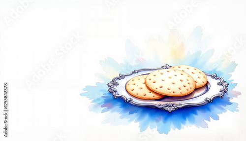 Elegant communion wafers on silver platter with copy space, spiritual symbolism