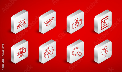 Set line Location with star, Paper plane, Car DVR, Barrel oil, Magnifying glass, Project team base, Clock and gear and Hourglass icon. Vector