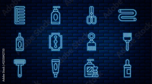 Set line Beard and mustaches care oil bottle, Hairbrush, Scissors hairdresser, Blade razor, Bottle of shampoo, and Cream lotion cosmetic tube icon. Vector