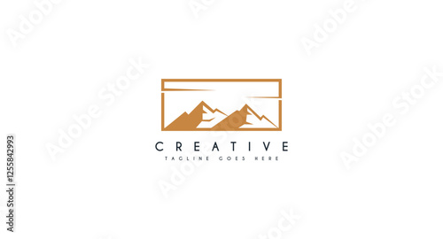 Mountain peak summit logo design. Outdoor hiking adventure icon set. Alpine wilderness travel symbol. Vector illustration.