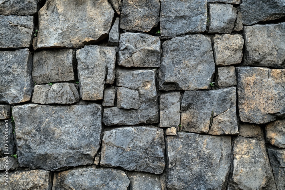 A rustic stone wall, composed of irregularly shaped gray and brown stones, showcasing natural texture and small plants. A rustic stone wall, composed of irregularly shaped gray and brown stones, showcasing natural texture and small plants.