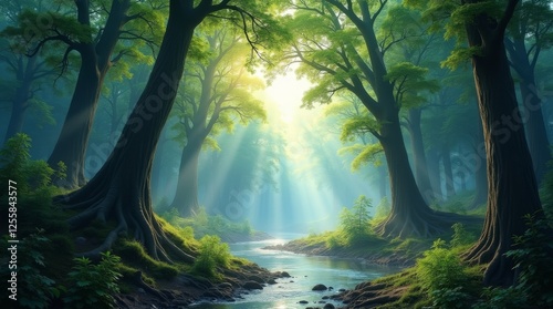 Wallpaper Mural Serene forest landscape with sunlight streaming through trees, creating a peaceful atmosphere. Perfect for nature, relaxation, and eco-friendly themes Torontodigital.ca