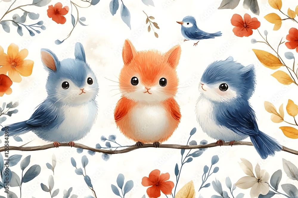 Fototapeta premium Cute Birds and Animals in a Floral Setting