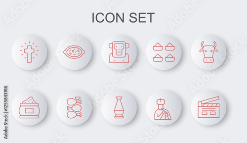 Set line Bollywood indian cinema, Indian spice, Monkey, man plays flute, Christian cross, Kheer bowl, Tandoori chicken and vase icon. Vector