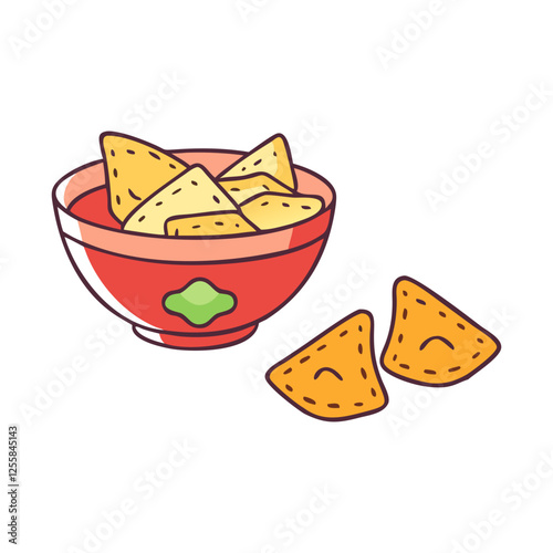 Vector Illustration of Nachos in a Bowl, A bright vector illustration of nachos inside a bowl with a few pieces scattered nearby, perfect for snack concepts.
