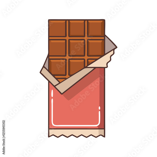 Chocolate bar in partially opened wrapper vector, Illustration of a chocolate bar in a partially opened red wrapper, showing square chocolate pieces. Simple flat vector design.  
