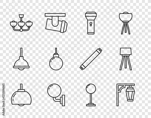 Set line Chandelier, Vintage street light, Flashlight, Wall lamp or sconce, Lamp hanging, Floor and icon. Vector
