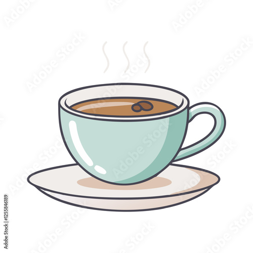 Cup of Hot Coffee with Steam Illustration, A colorful vector illustration of a mint green coffee cup filled with hot coffee, steam rising from it.
