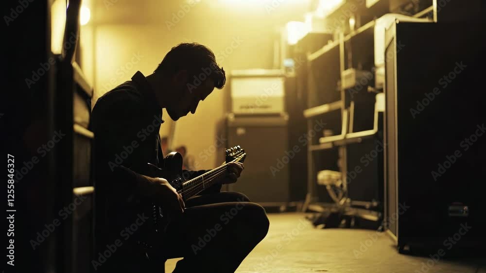 A moody and atmospheric image of a musician sitting backstage, deep in thought while holding an electric guitar. The warm, dim lighting creates a sense of introspection, passion, and dedication 