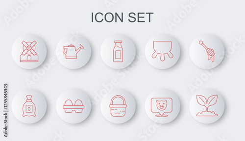 Set line Plant, Pack full of seeds of plant, Bottle with milk, Pig, Windmill, Watering can, Chicken egg box and Basket icon. Vector