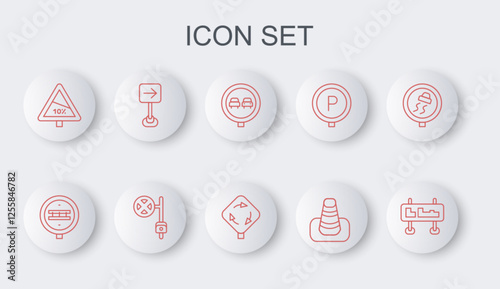 Set line Road traffic sign, Railroad crossing, No overtaking, Traffic cone, Steep ascent and descent, turn right, Stop with camera and Roundabout icon. Vector