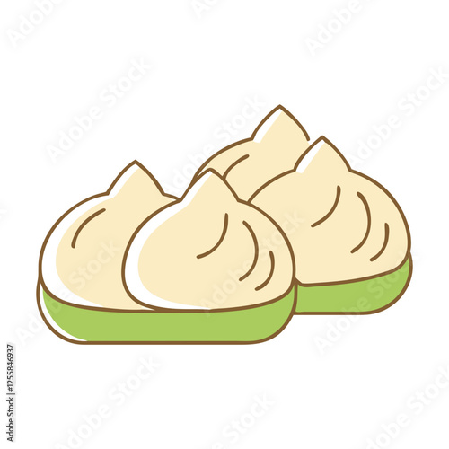 Vector Illustration of Dumplings on Plate, A cute vector illustration of three steamed dumplings resting on a green plate, with a soft, golden texture.
