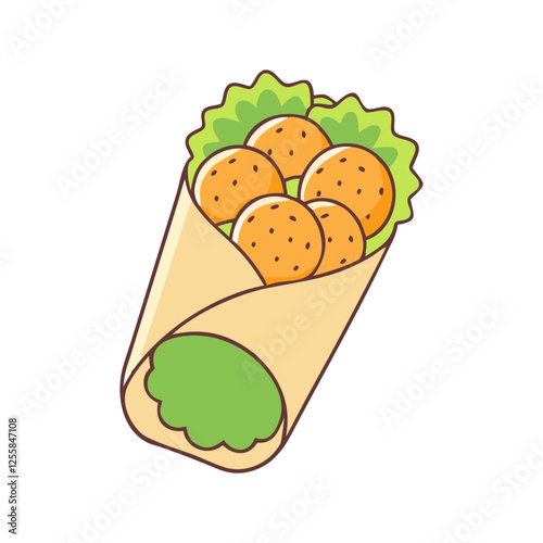 Healthy Wrap with Falafel and Greens Illustration, A colorful vector illustration of a wrap filled with falafel, greens, and fresh vegetables for a healthy meal.
