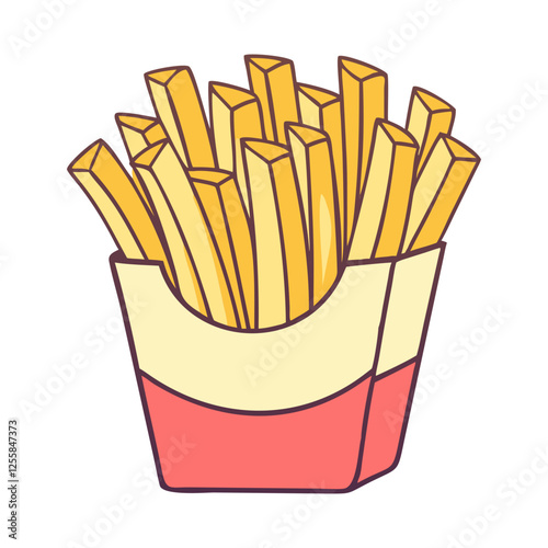 Vector Illustration of French Fries in Red Container, A vector illustration of crispy French fries in a red and yellow paper container, ideal for a snack or fast food meal.
