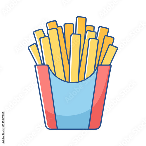 Cartoon French Fries in Paper Container, A fun vector illustration of a paper container filled with crispy, golden French fries, ideal for a snack or fast food.
