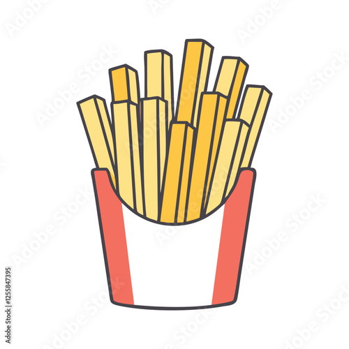 Vector Illustration of French Fries in Container, A colorful vector illustration of a container filled with crispy golden French fries, perfect for a snack.
