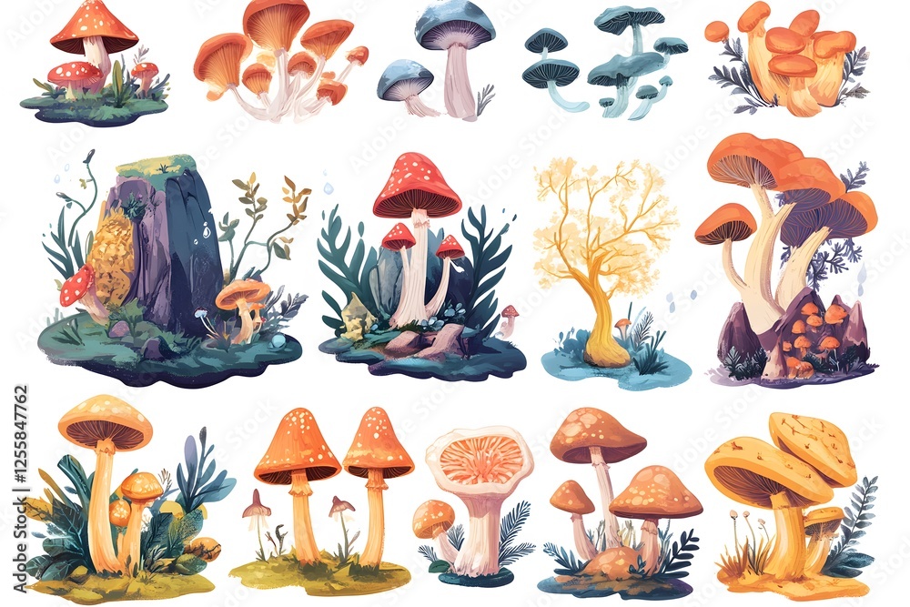 Naklejka premium Colorful Collection of Fantasy Mushrooms and Whimsical Fungi Art with white background