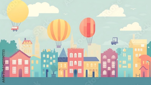 Colorful Cityscape With Hot Air Balloons Floating Above Buildings