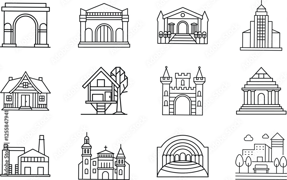 Fototapeta premium Architectural Line Art Diverse Building Styles and Designs