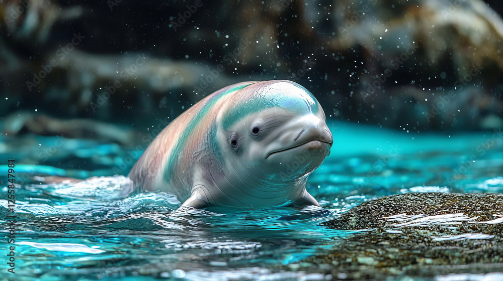 Fototapeta premium Beluga whale swimming in clear turquoise water with gentle bubbles rising around it in a natural habitat setting