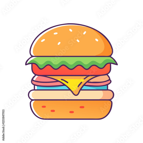 Vector Illustration of Layered Cheeseburger with Vegetables, A vector illustration of a layered cheeseburger with cheese, lettuce, tomato, and a soft bun.
