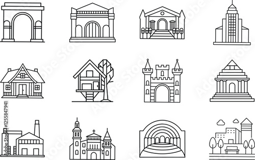 Architectural Line Art Diverse Building Styles and Designs