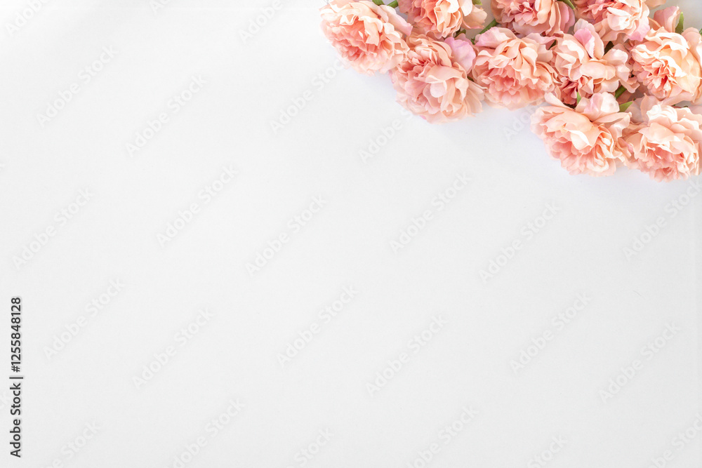 Decorative still life floral composition on white background. Flat lay, top view. Bouquet of pink peony. Copy space. A frame for text Decorative still life floral composition on white background. Flat lay, top view. Bouquet of pink peony. Copy space. A frame for text