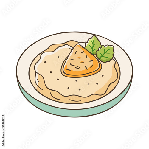 Vector Illustration of Hummus with Pita Bread and Mint, A vector illustration of a plate of hummus with a slice of pita bread, garnished with fresh mint leaves.
