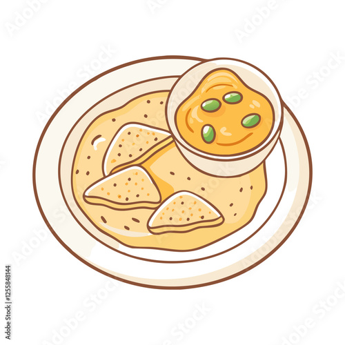 Vector Illustration of Flatbread with Dipping Sauce, A vector illustration of flatbread with a bowl of dipping sauce, garnished with green seeds, served on a plate.
