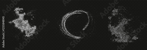 The image depicts white sugar on a black background. The sugar is presented in loose, granular forms, emphasizing its texture and detail. The minimalistic composition highlights the contrast between 