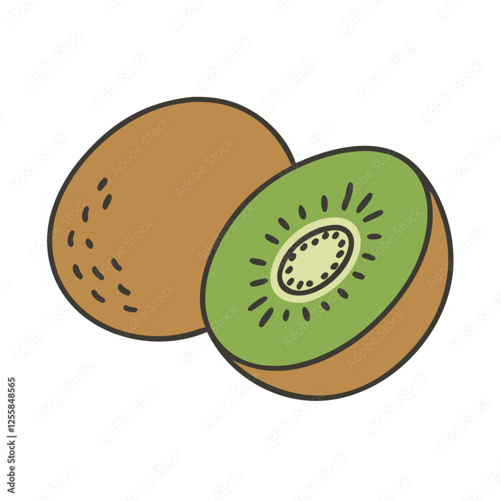 Obraz premium Vector Illustration of Kiwi Fruit with Slice, A vector illustration of a whole kiwi fruit with a sliced section showing its green flesh and black seeds. 
