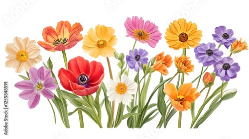 Vibrant Springtime Floral Arrangement on White Background