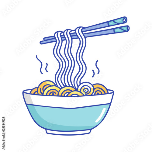 Vector Illustration of Steaming Noodles with Chopsticks, A vector illustration of steaming noodles being lifted with chopsticks from a bowl, symbolizing a hot, flavorful meal.
