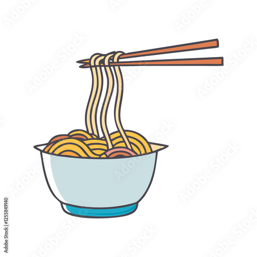 Vector Illustration of Noodles Being Lifted with Chopsticks, A vector illustration of noodles being lifted with chopsticks from a bowl, representing a delicious Asian-inspired meal.
