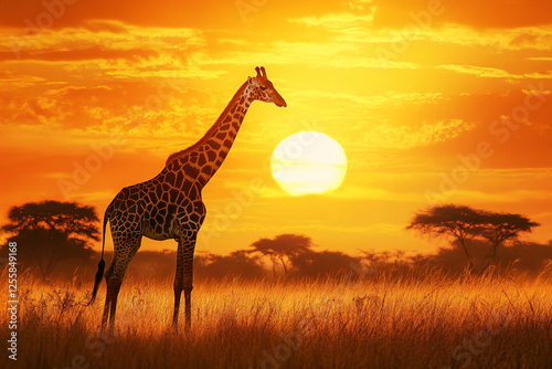 giraffe in african savanna over beautiful sunset background