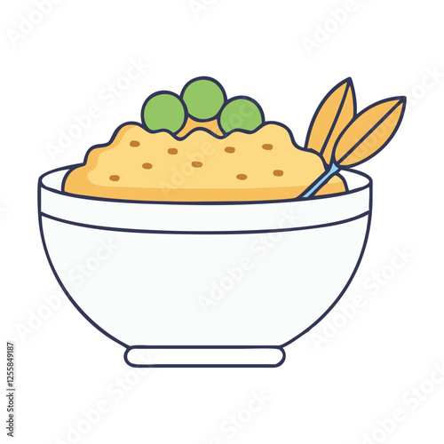 Vector Illustration of Oatmeal with Green Fruit, A vector illustration of a bowl of oatmeal topped with green fruit and oat leaves, symbolizing a healthy breakfast option.
