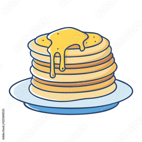 Vector illustration of a stack of pancakes with butter, A colorful vector illustration of a stack of pancakes topped with melting butter, served on a plate.
